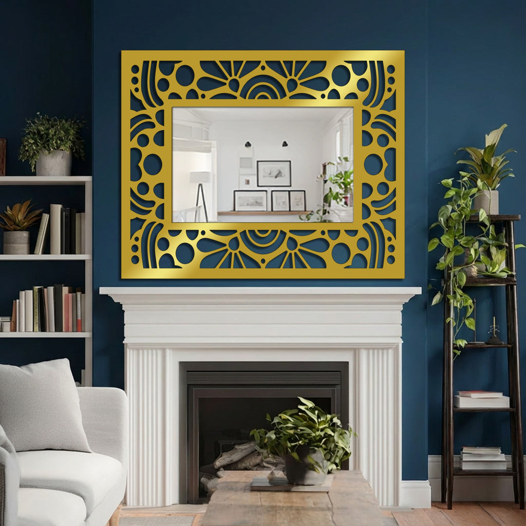 Illuminated by the reflected room, the ornate gold Art Deco rectangular mirror for wall decor features a geometric floral frame adding brightness to the space.