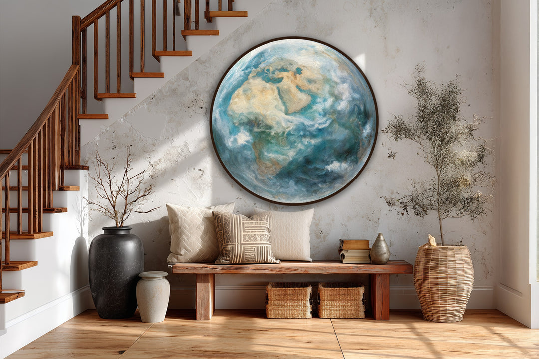 Atmospheric textures of the round abstract oil painting, Earth From Above, capture the modern oil painting art with a soothing and globe-like design.