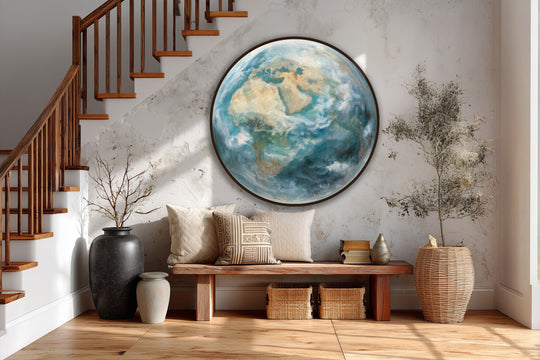 Atmospheric textures of the round abstract oil painting, Earth From Above, capture the modern oil painting art with a soothing and globe-like design.