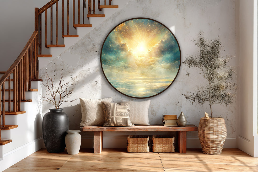 Illuminated with radiant light, the Celestial Radiance round oil painting art prints display divine golden clouds and a luminous sky, capturing the focal point beautifully.