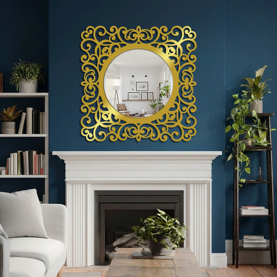 Brightest light shines within the modern mirror that reflects an interior design, framed by ornate, baroque-inspired metalwork with scroll detailing.