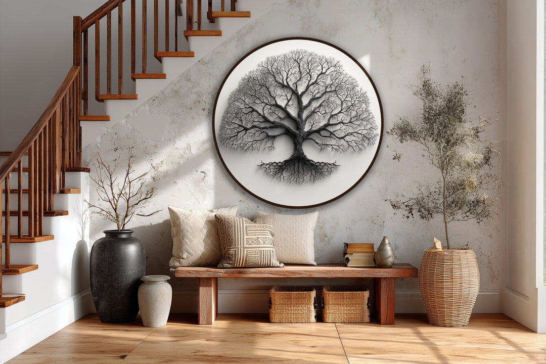 Circular framing emphasizes the radial symmetry of a tree silhouette oil painting reproduction print, highlighting geometric elements within its branching design.