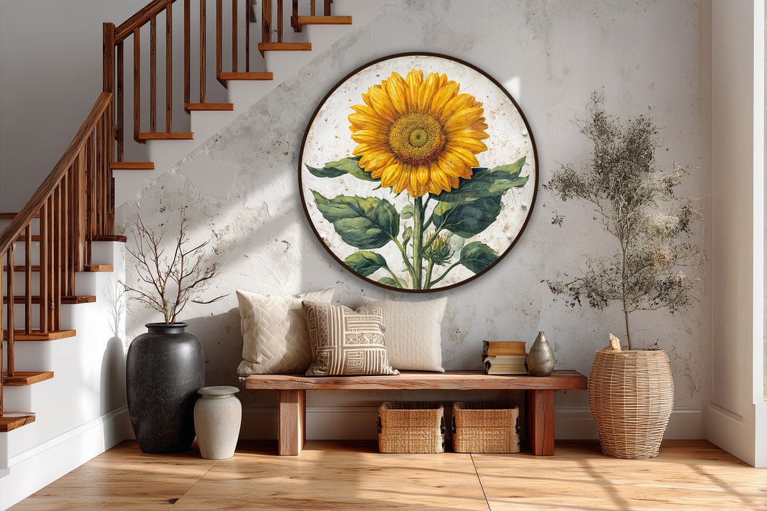 Showing depth and layers, the golden radiance sunflower botanical round oil painting art piece adds a vivid focal point to the home decor.