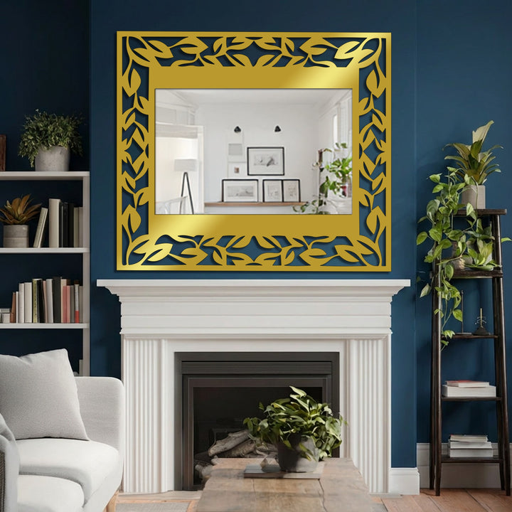 Intriguing mood with an elegant leaf pattern metal wall mirror that enhances any modern home decor setting.