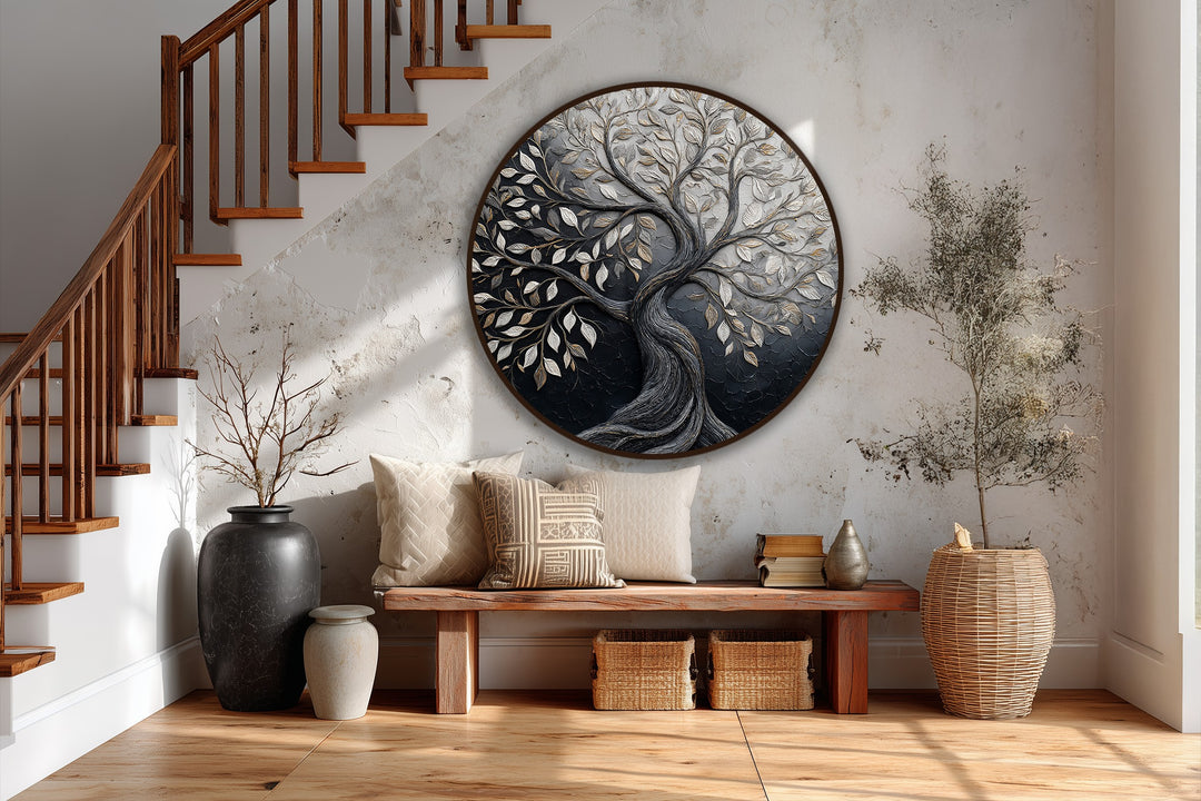 Eternal Contrast – Dual Tone Tree of Life Round Oil Painting