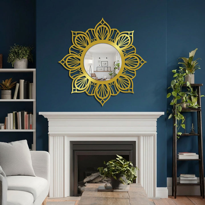 Horizontally oriented mandala floral round wall mirror exemplifies decorating with wall mirrors through its symmetrical and unique shape, enhancing the decoration wall art.