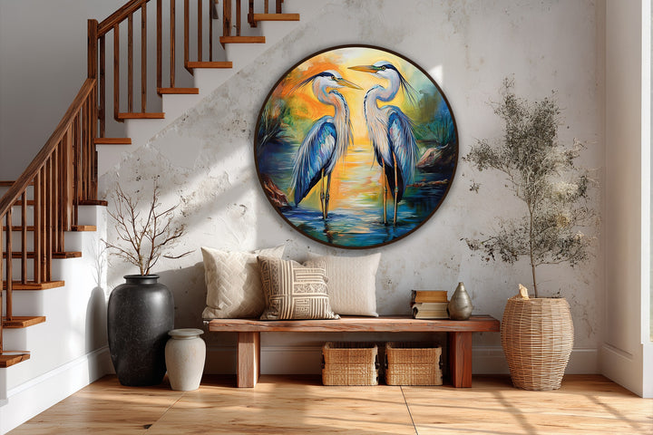 Masterful brushstrokes capture the realistic detail of this round oil painting home decor, showcasing graceful herons amidst a vibrant sunset reflection.