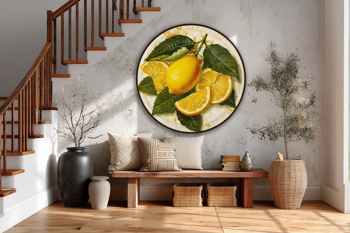 Shadows emphasize the vintage quality of this rustic lemon still life, creating a compelling oil painting decoration showcasing sliced citrus fruit.