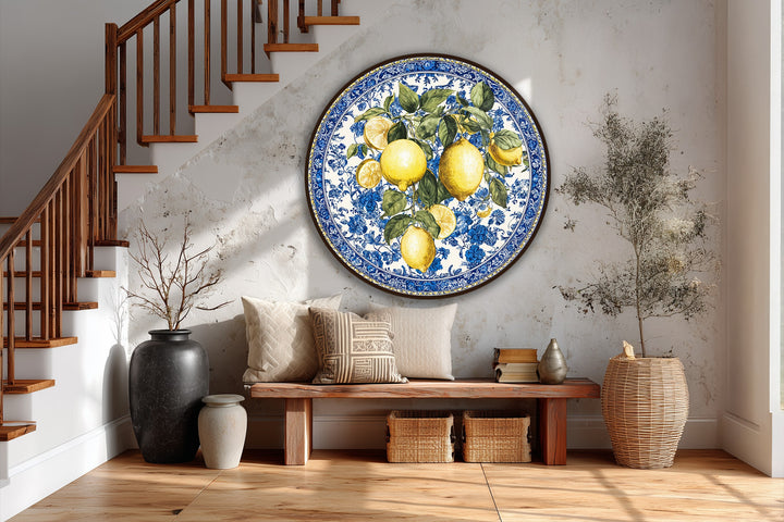 Illuminated lemons highlight the Mediterranean Freshness – Lemon & Blue Floral Round oil painting, a vibrant oil painting home decor.