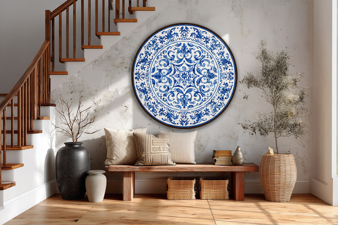 Classic Blue Ornamental Plate-Style Round Oil Painting