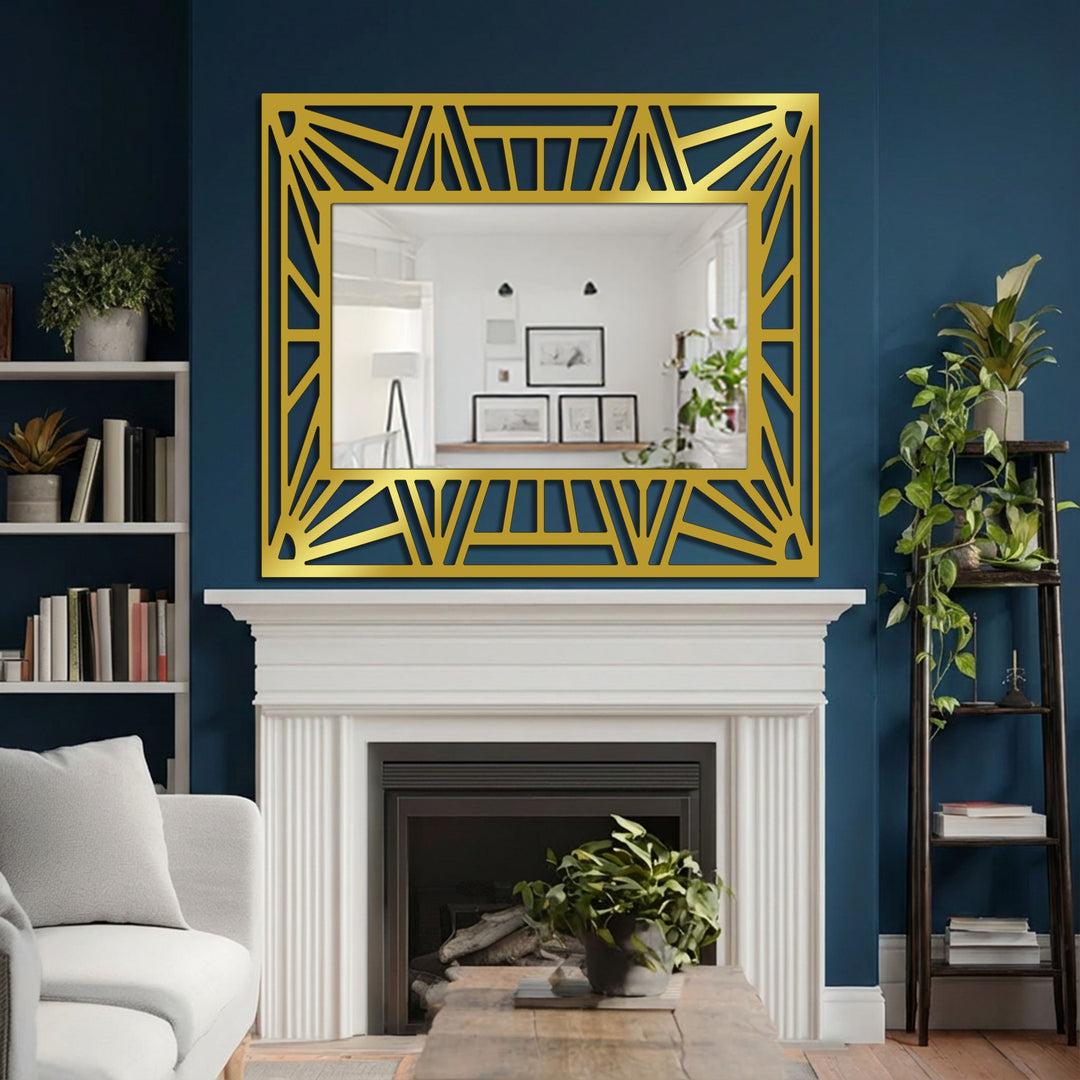 Featuring a bold, sunburst-inspired geometric frame, the ornate edge and borders define this decorative bathroom mirror with black metal art for wall accents.