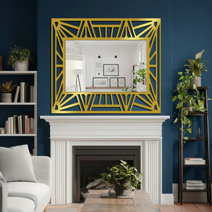 Featuring a bold, sunburst-inspired geometric frame, the ornate edge and borders define this decorative bathroom mirror with black metal art for wall accents.