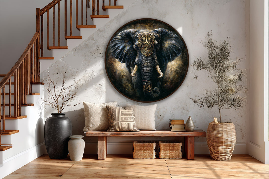 Evoking a somber and spiritual mood, this dark majestic round oil painting on wood of a royal guardian elephant is a striking oil painting art piece.