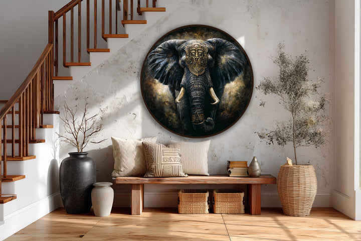 Evoking a somber and spiritual mood, this dark majestic round oil painting on wood of a royal guardian elephant is a striking oil painting art piece.