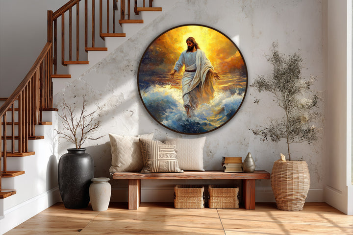 Round orientation showcases this divine light over the waves oil painting artwork, a majestic faith piece depicting Jesus, in a circular form.