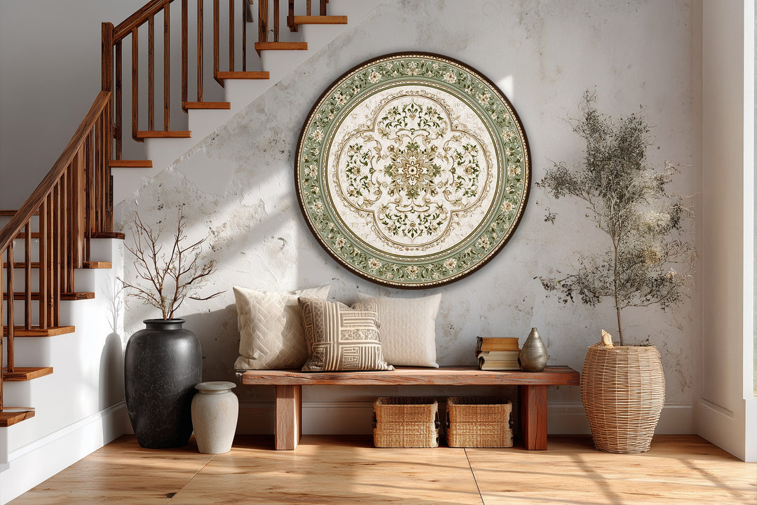 The vintage harmony is an oil painting art piece where sage green seamlessly blends into the creamy background of this floral mandala round, showcasing the artistic color transition.