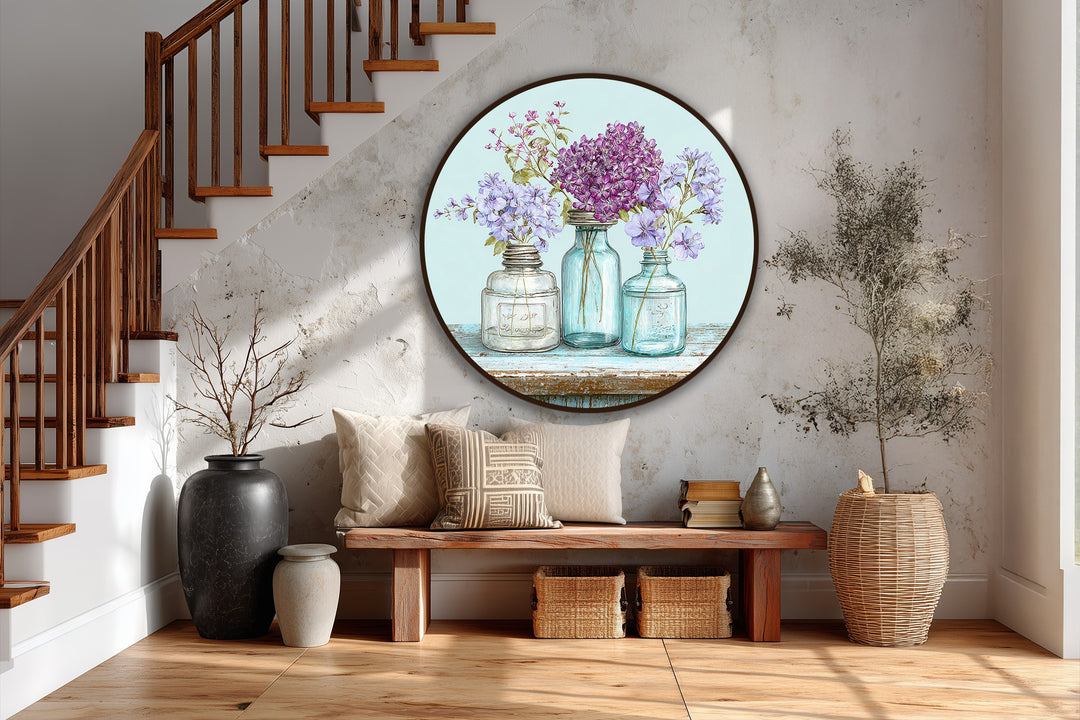 Pastel Wildflower Jars Round Oil Painting