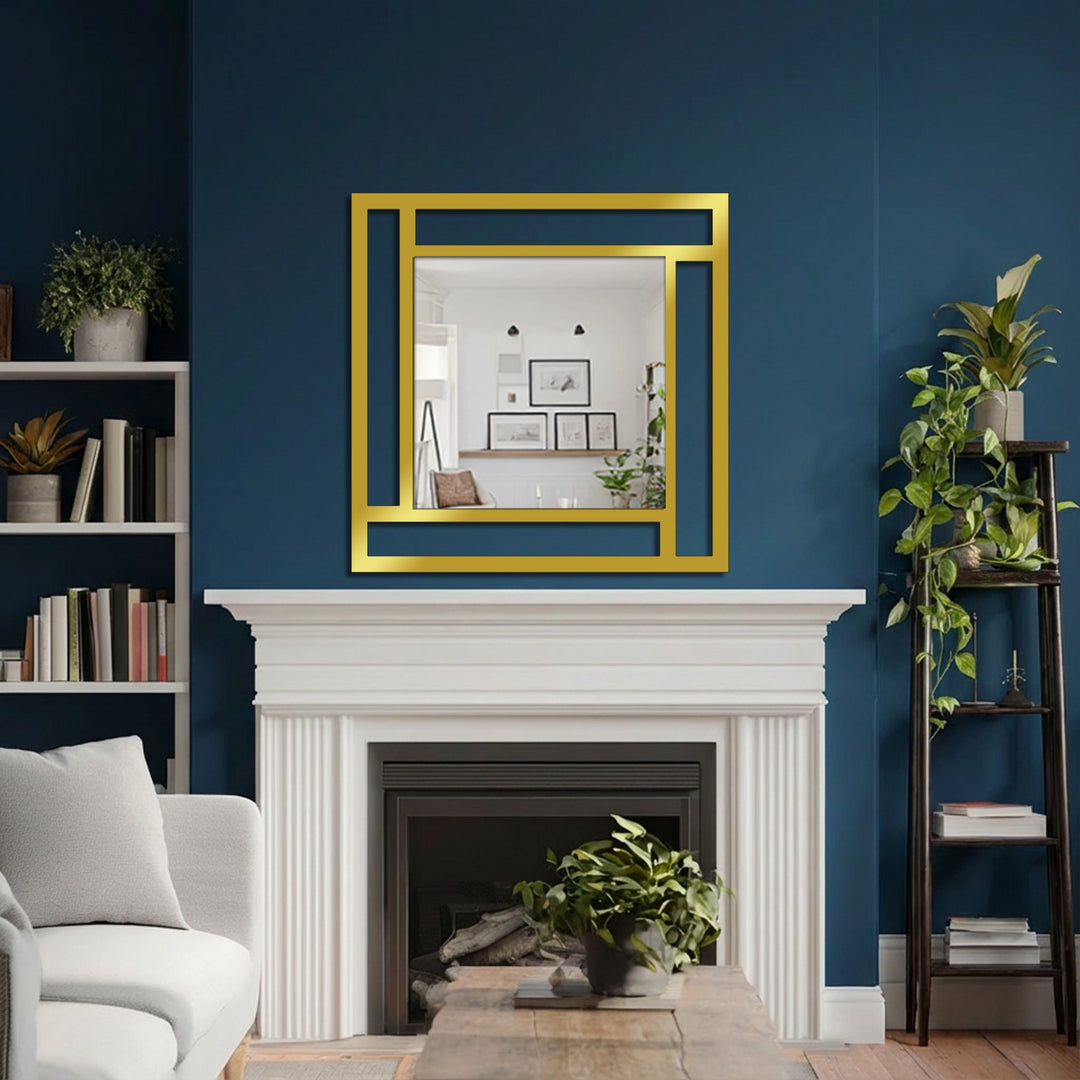 Light and shadow play across the gold framed geometry square mirror, highlighting its modern metal artwork structure against a deep blue wall.
