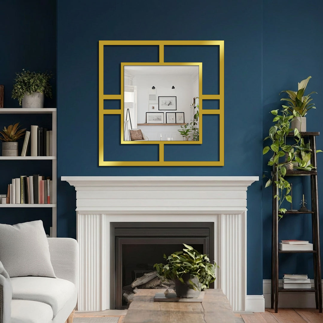 Featuring depth and layers in the reflection of a modern square framed wall mirror, the balance of the bold geometric frame creates an alluring metal artwork.