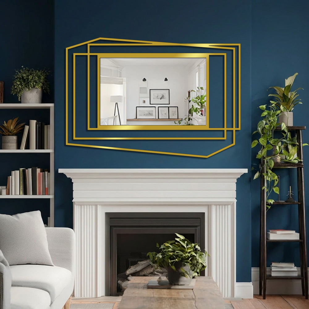 Horizontally oriented mirror with a geometrically layered and asymmetrically shaped frame offers contemporary decorating with wall mirrors.