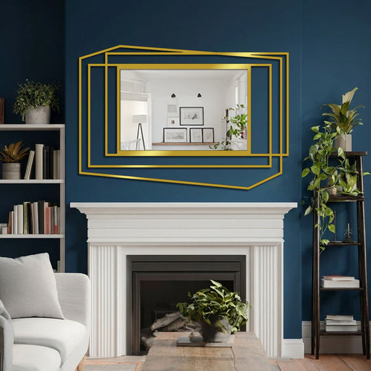 Horizontally oriented mirror with a geometrically layered and asymmetrically shaped frame offers contemporary decorating with wall mirrors.