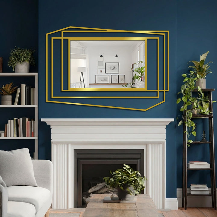 Horizontally oriented mirror with a geometrically layered and asymmetrically shaped frame offers contemporary decorating with wall mirrors.