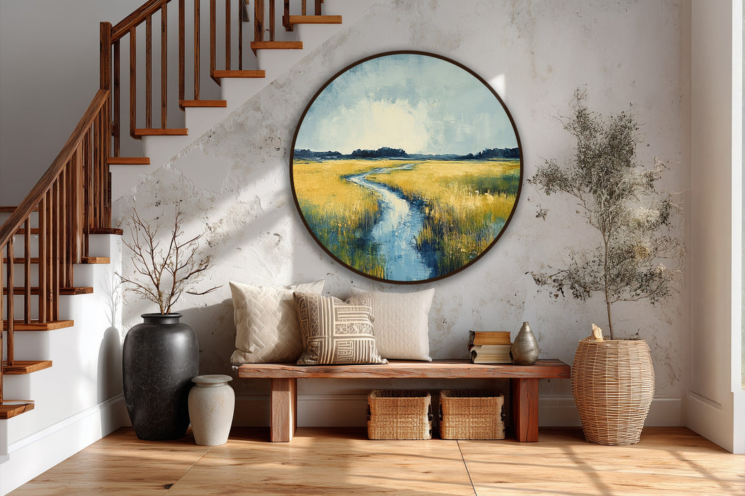 A peaceful mood is evoked by the golden horizon serene meadow river round oil painting, a landscape oil painting wall art depicting a calming scene.