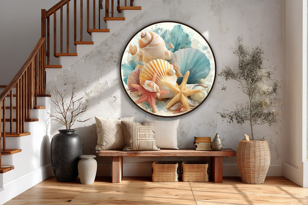 Showcasing the abstract quality, this round oil painting art piece features pastel ocean treasures with coastal shells, bringing soft, serene hues to any space.