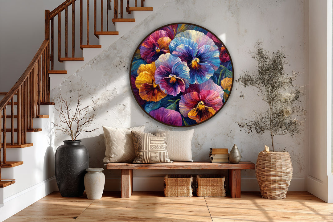 Vibrant Pansy Bloom Round Oil Painting