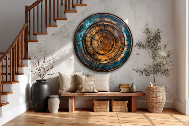 Visual rhythm emanates from this copper spiral abstract round oil painting on wood, creating a modern oil painting art focal point with teal and copper tones.
