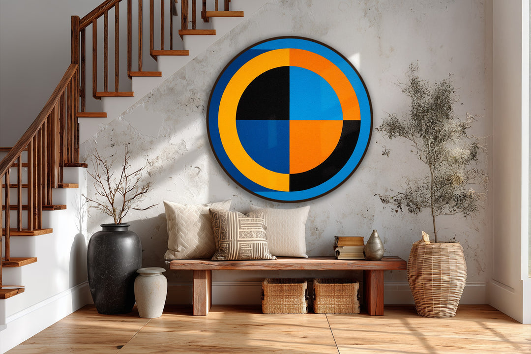 Bold Geometry in Blue and Orange – Modern Abstract Round Oil Painting