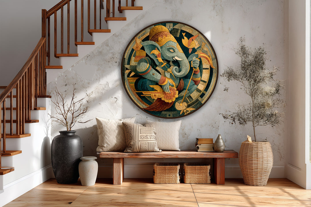 Highlighting the abstract quality, this wooden oil painting art piece showcases Ganesha in a round format, blending mythological themes with intricate patterns.