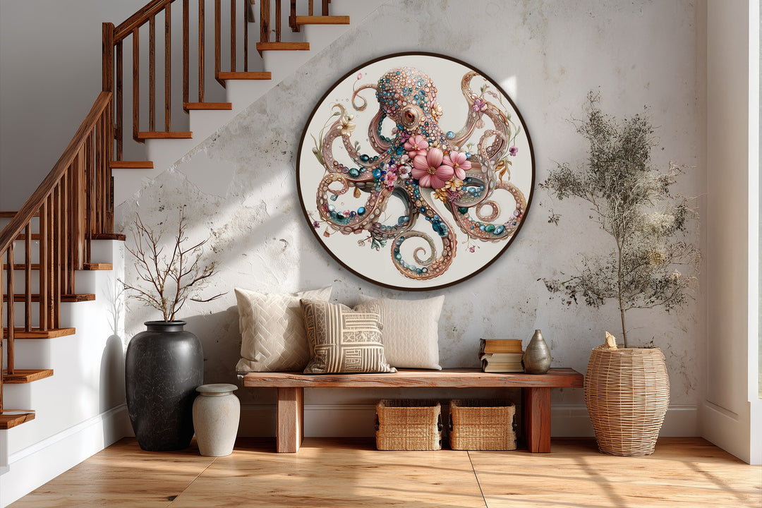 Pulpo redondo con joyas florales Cuadro al óleo con elegante motivo oceánico