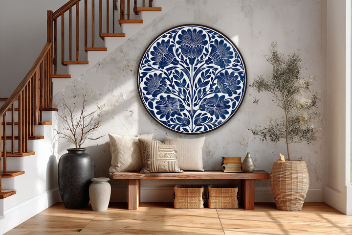 circular blue floral painting