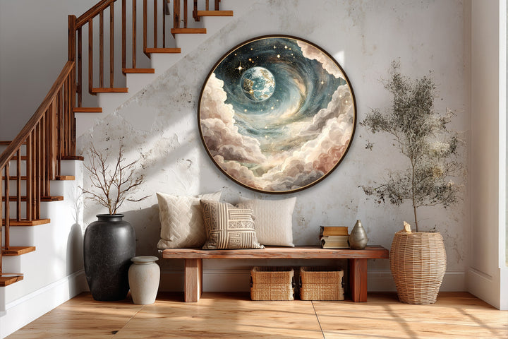 Showcasing impressive depth and layers, this round oil painting features a cosmic Earth encircled by celestial clouds, exhibiting a mesmerizing example of modern oil painting art.