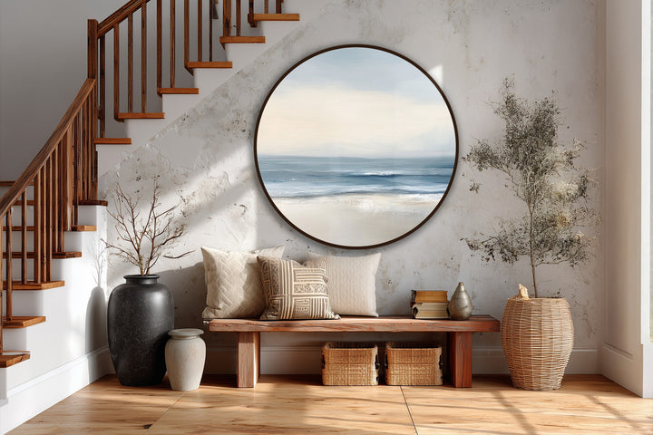 Highlighting the darkest area, this oil painting reproduction print features a round minimalist coastal scene with soft tide serenity, perfect as beach wall art.