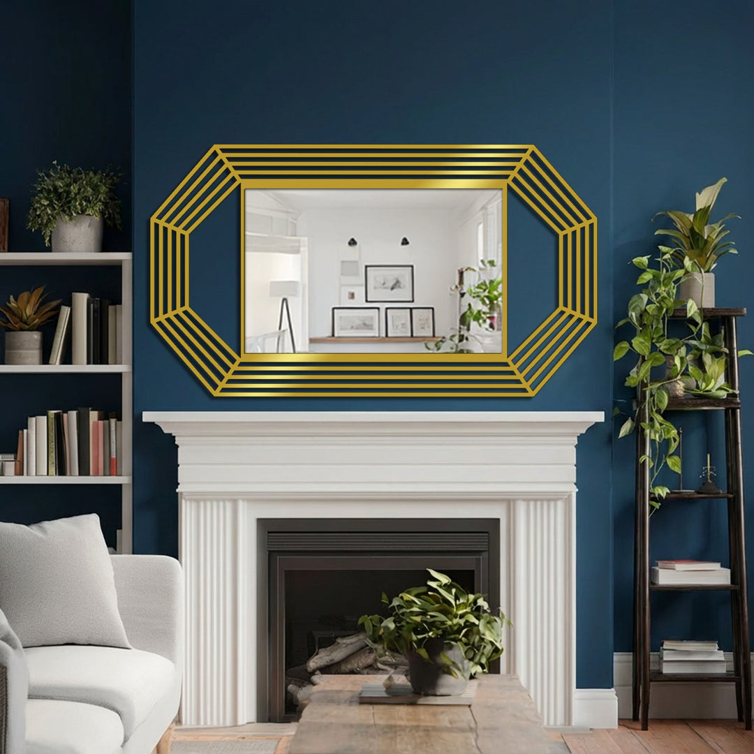 Reflected in the octagonal line frame floor modern mirror is an interior space, highlighting its modern design and functional decorative element.