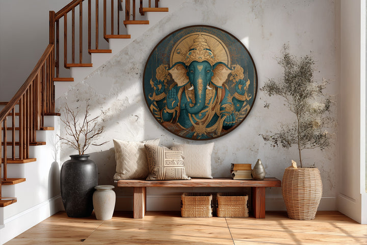 Exquisite material quality shines in this turquoise and gold round oil painting decoration, portraying a majestic Ganesha with exceptional artistry.