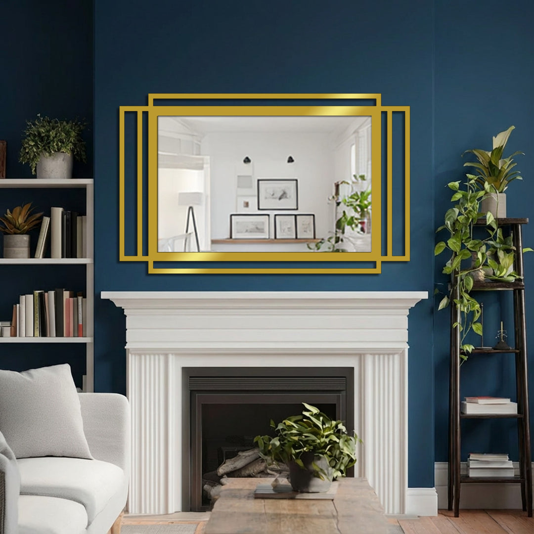 Reflecting the room's décor, the focal point of this rectangular mirror is its gold geometric layered frame with its minimal lines, adding to these modern wall mirrors.
