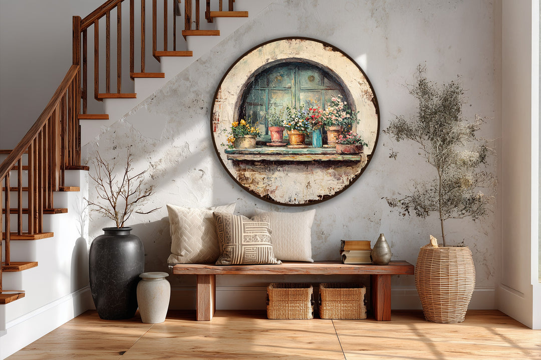 Exploring the abstract quality of this round oil painting, an impressionistic oil painting reproduction print evokes the beauty of a rustic window adorned with flower pots.