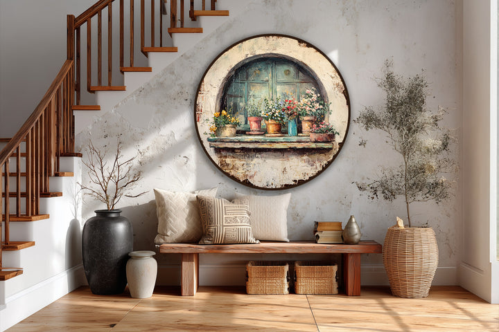 Exploring the abstract quality of this round oil painting, an impressionistic oil painting reproduction print evokes the beauty of a rustic window adorned with flower pots.