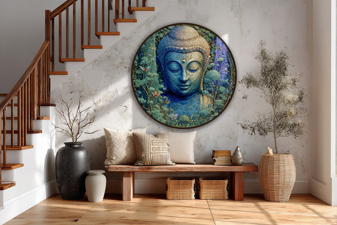 Forest Tranquility – Emerald Buddha Round Oil Painting