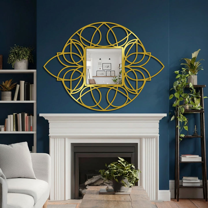 Layers of geometric floral elements create a striking design with this decorative modern wall mirrors, adding depth and dimension to the black metal framed mirror.