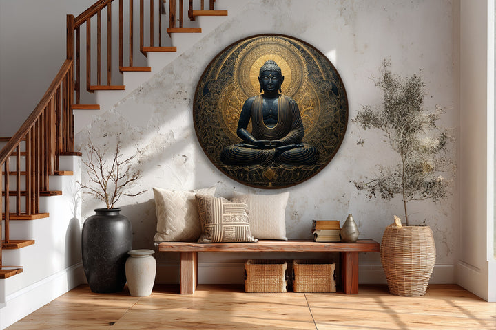 Featuring the rounded edge of a gold and black Sacred Buddha, this oil painting wall art showcases a stunning mandala halo border.