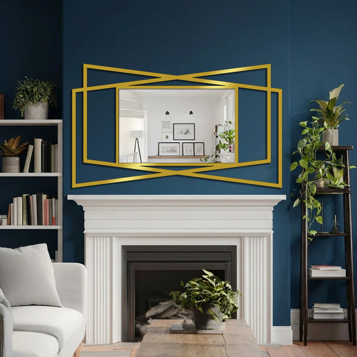 Blackened depths within the fireplace opening contrast with the golden minimal layered frame floor mirror above the mantel, a striking example of decorating with wall mirrors.