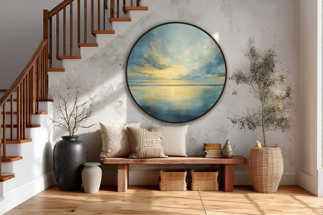 Exhibiting the exceptional material quality, the golden stillness tranquil horizon round oil painting is presented as a beautiful oil painting reproduction print.