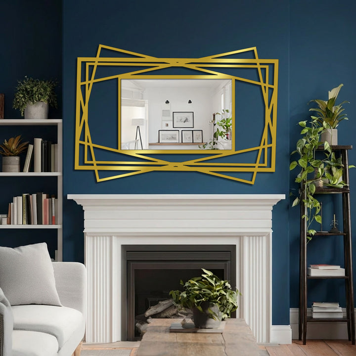 Warm color temperature in the modern mirror is accentuated by the gold geometric frame, creating a balance with the cool navy wall and white fireplace.