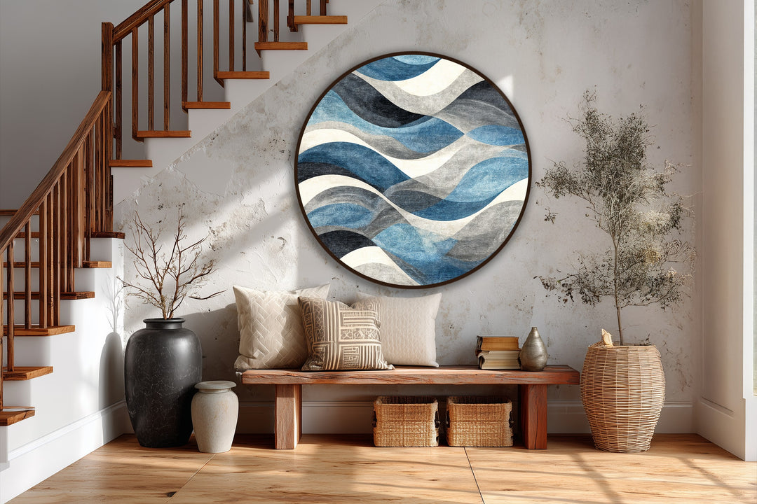 The darkest area of this captivating ocean rhythm circular oil painting showcases depth and adds contrast within this piece of modern oil painting art.