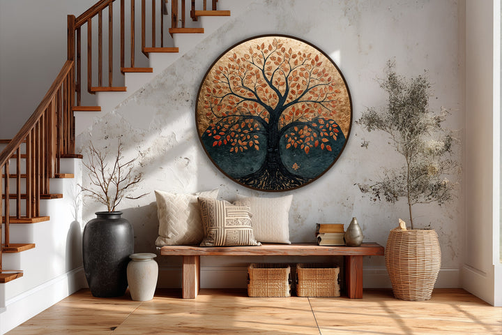 Sunlight accentuates the Eternal Roots oil painting art prints, as shadows dance around the tree's textured bark and copper leaves, enriching the warm home decoration.