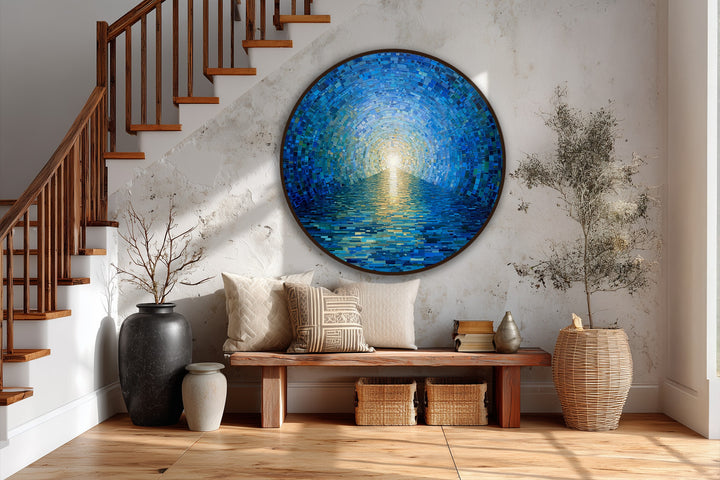 Gentle light glows from the horizon in this blue mosaic ocean round oil painting art piece, bringing a serene softness to the radiant scene.